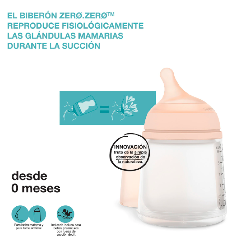 Suavinex Zero Zero Biberón Anticólicos 180 ml con Tetina de Flujo  Adaptable, 1 ud